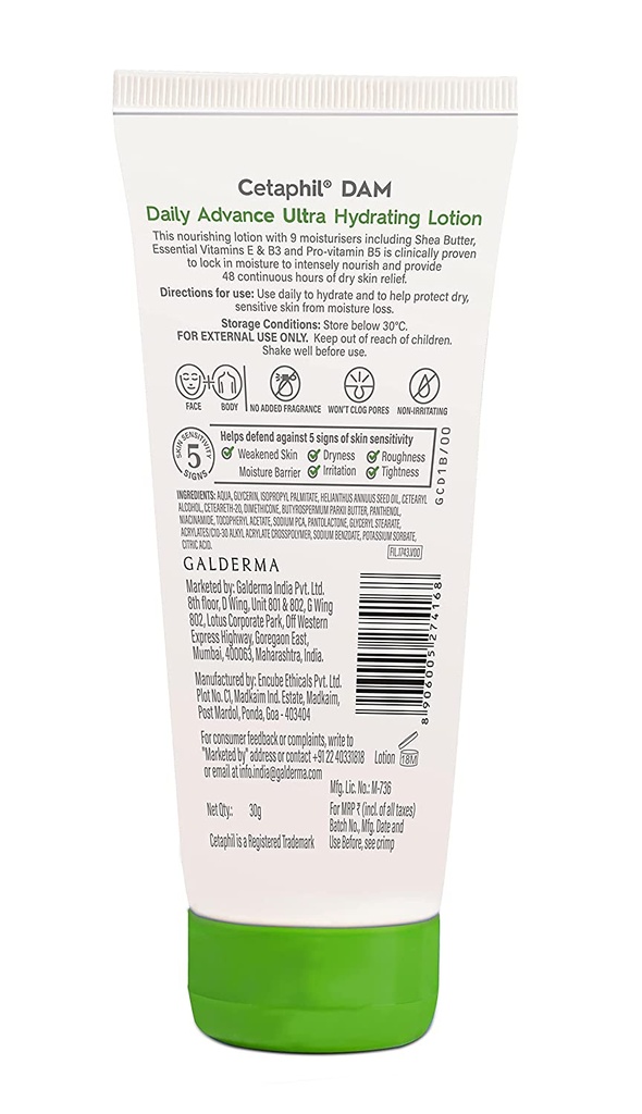 Cetaphil DAM Daily Advance Ultra Hydrating Lotion for Dry, Sensitive Skin 30 gm Moisturizer with Shea Butter| Non-Greasy, Fragrance-Free Image