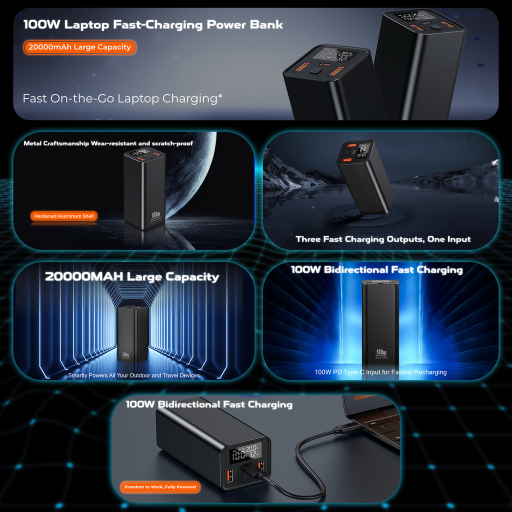 (New Launch) Ultima 20K Ultra Max | 100W Power Delivery | 20000 mAh | Fast Charging | Full Metal Body | Multi Layers Fire Protection | LED Display | Triple Ports | Supports PD, QC3.0, Universal Compatibility | 2 Way Charging | ChargeSafe Technology Power Image