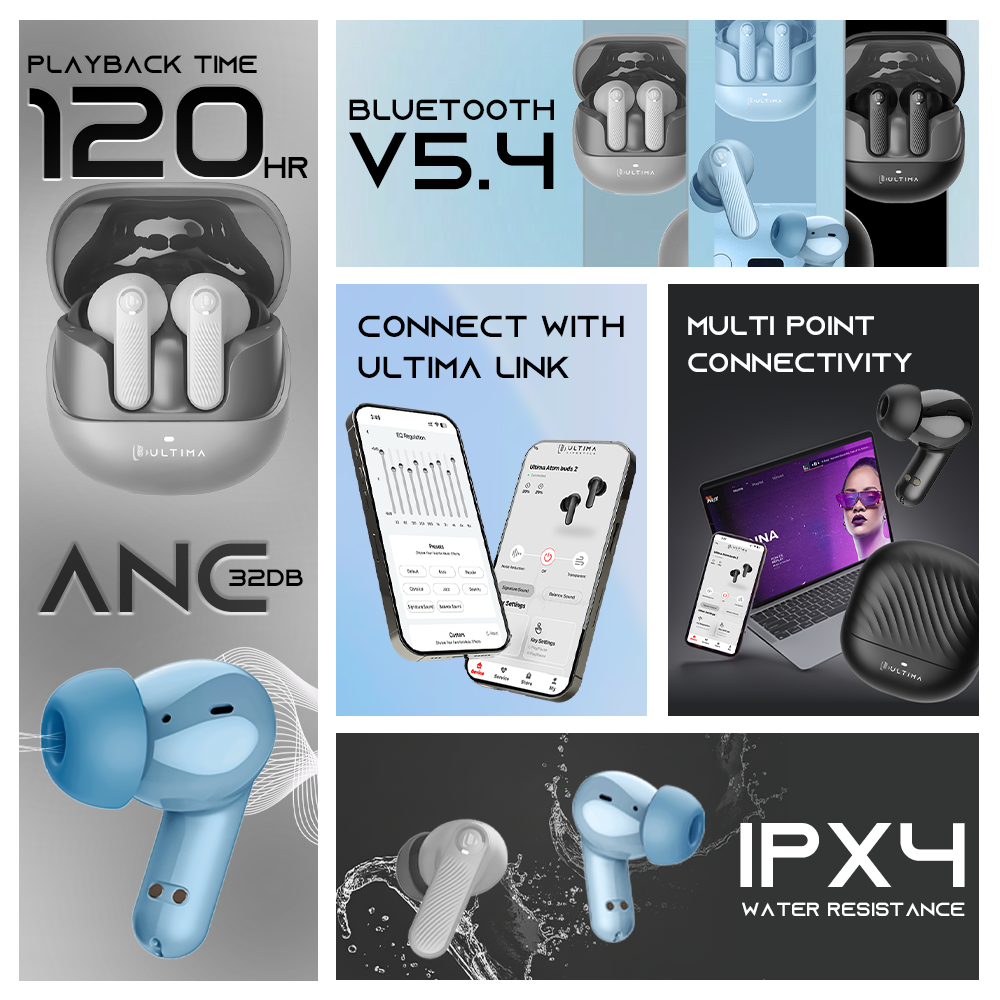 (New Launch) Ultima Atom Buds 2 | Powered by Ultima Supreme Sound | 120 Hrs Total Playtime | 50ms Latency | Bluetooth V5.4 | Ultima Link App Support | ANC upto 32 dB | Quad Mic | Low Latency Game Mode | Multi-Point Connectivity Image