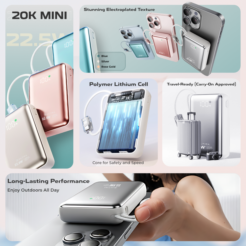(New Launch) Ultima 20K Mini | 22.5W | 20000 mA | Fast Charging | Inbuild Braided Type-C and Lighting Cable  | Multi Layers Fire Protection | LED Display | Supports PD, QC3.0, Universal Compatibility | 2 Way Charging | ChargeSafe Technology Power Image