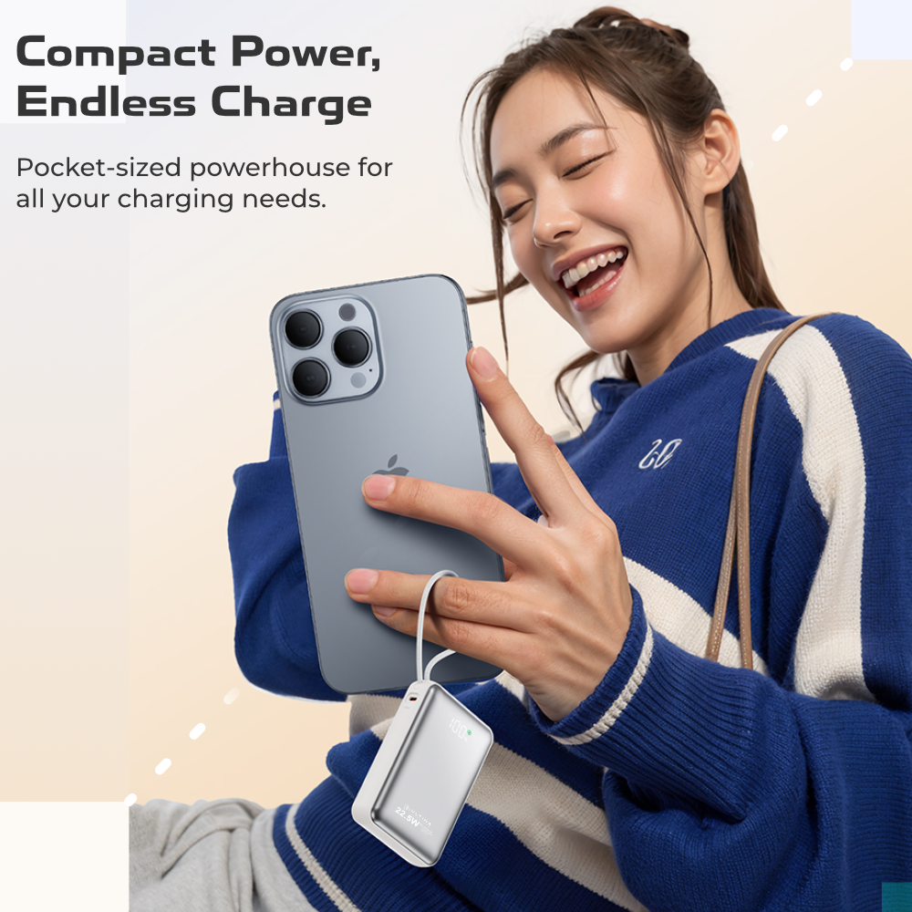 (New Launch) Ultima 20K Mini | 22.5W | 20000 mA | Fast Charging | Inbuild Braided Type-C and Lighting Cable  | Multi Layers Fire Protection | LED Display | Supports PD, QC3.0, Universal Compatibility | 2 Way Charging | ChargeSafe Technology Power Image