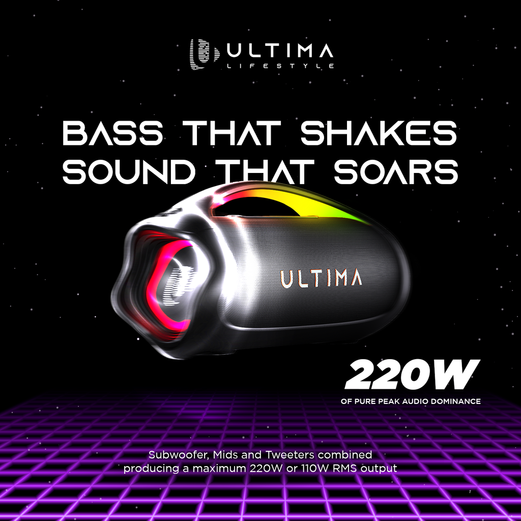 Ultima Thunder Speaker, 110Watt RMS Output, 220 Watt Peak Output, Ultima Supreme Sound, Bluetooth V5.3, Dual Equalizers, Support Multiple Link (Up to 100 speakers), Extra Bass Technology, Dynamic RGB LED Lights | Image