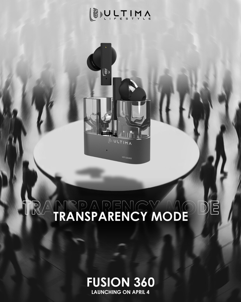 Ultima Fusion 360 Earbuds | Ultima Supreme Sound | Wireless Transparent Earbuds | ANC | 45 ms Low Latency Game Mode | IPX5 Water Resistance | AI Crystal Clear Call with Quad Mics Image