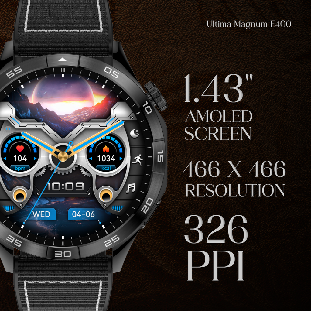 Ultima Magnum E400 Luxury Smartwatch with a 1.43” AMOLED Screen, Stainless Steel Frame, Canvas Wrist Strap & Free Leather Strap, Bluetooth Calling, Health Suite, 100+ Sports Modes, IP68 Rated Smart Watch Image
