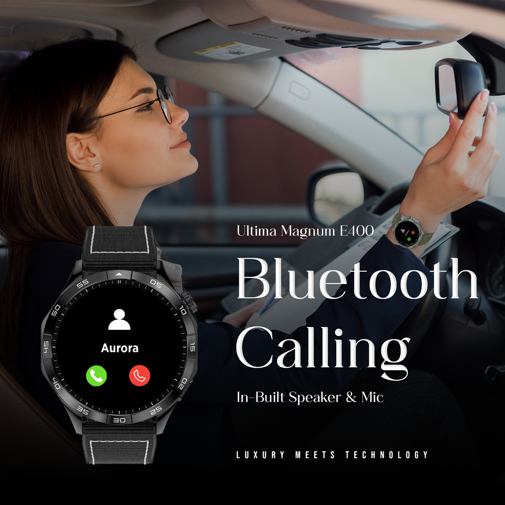 Ultima Magnum E400 Luxury Smartwatch with a 1.43” AMOLED Screen, Stainless Steel Frame, Canvas Wrist Strap & Free Leather Strap, Bluetooth Calling, Health Suite, 100+ Sports Modes, IP68 Rated Smart Watch Image