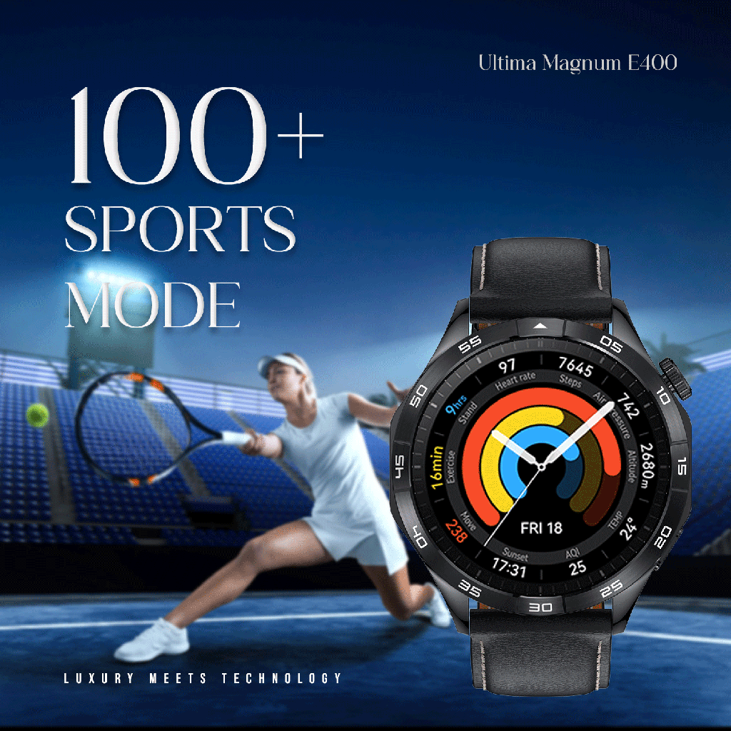 Ultima Magnum E400 Luxury Smartwatch with a 1.43” AMOLED Screen, Stainless Steel Frame, Canvas Wrist Strap & Free Leather Strap, Bluetooth Calling, Health Suite, 100+ Sports Modes, IP68 Rated Smart Watch Image