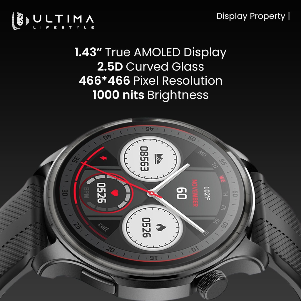 Ultima Watch Circle 2.0 Smartwatch: In-build ChatGPT, 3ATM Waterproof, 1.43 TRU AMOLED Display, 2.5D Curved Glass, 100+ Sports Modes, BT Calling, Super Slim with Premium Zinc Alloy Frame Smart Watch Image
