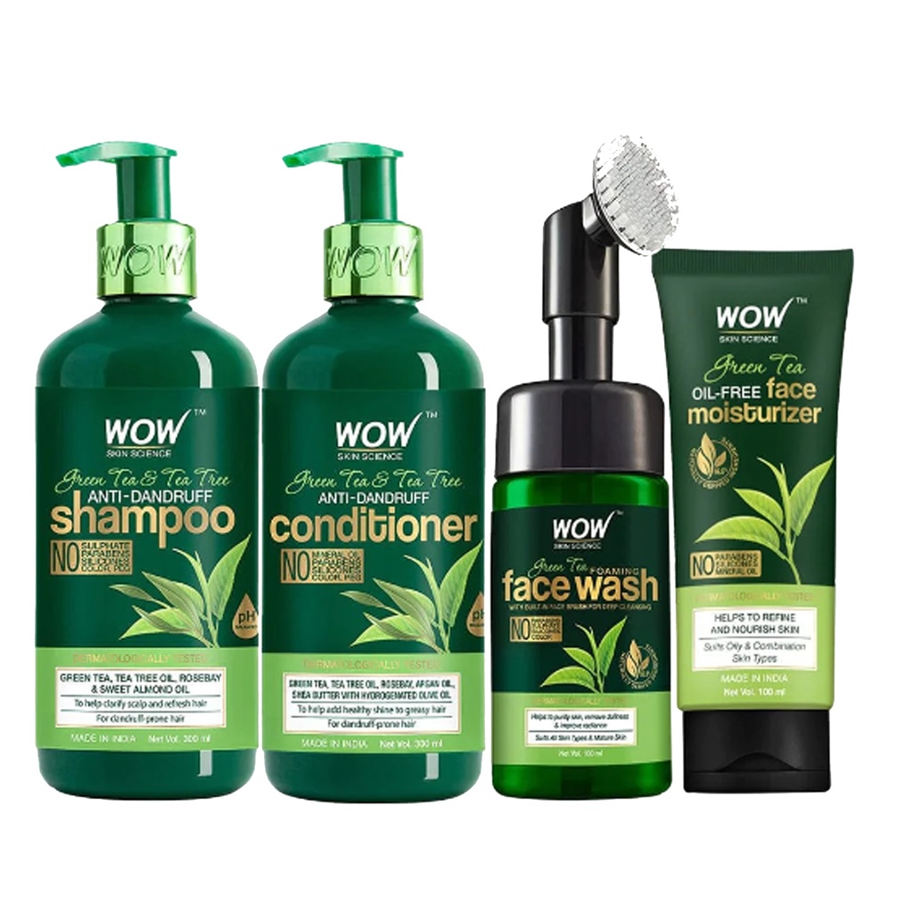 WOW Skin Science Ultimate Green Tea & Tea Tree Care Combo (Shampoo + Conditioner + Face wash with brush + Moisturizer) Image