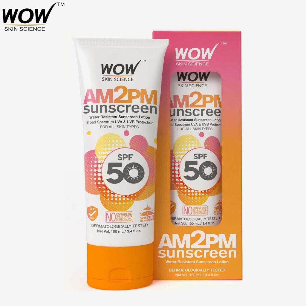[111793164-1644306280707-0] WOW Skin Science AM2PM SPF50 Water Resistant No Parabens & Mineral Oil Sunscreen Lotion - 100 ml