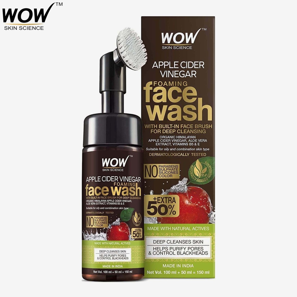 [109898457-1639027393296-0] WOW Apple Cider Vinegar Foaming Face Wash with Built In Foaming Face Brush - 150ml