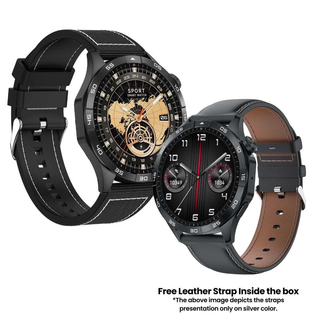 [SWE400-BK] Ultima Magnum E400 Luxury Smartwatch with a 1.43” AMOLED Screen, Stainless Steel Frame, Canvas Wrist Strap & Free Leather Strap, Bluetooth Calling, Health Suite, 100+ Sports Modes, IP68 Rated Smart Watch