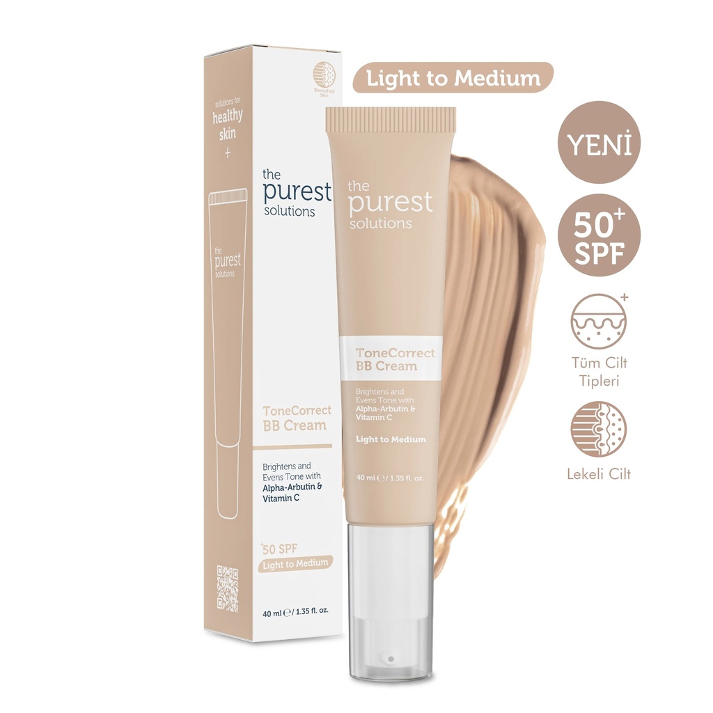 The Purest Solutions ToneCorrect BB Cream for Blemished Skin SPF 50+ 40 ml with Alpha Arbutin and Vitamin C | Available in Lght/Medium and Medium/Dark Tone