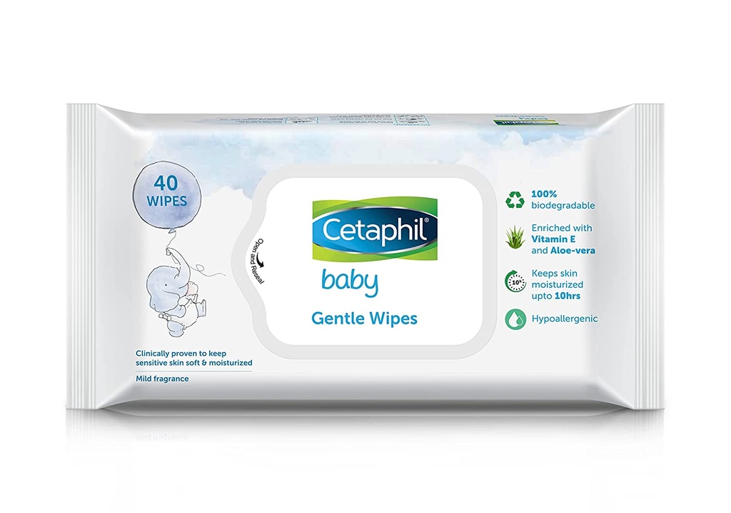 [112193500-1645335613603-0] Cetaphil Baby Gentle Wipes 40's with Aloevera & Vitamin E, 10 hrs Moisturisation - 100% Biodegradable